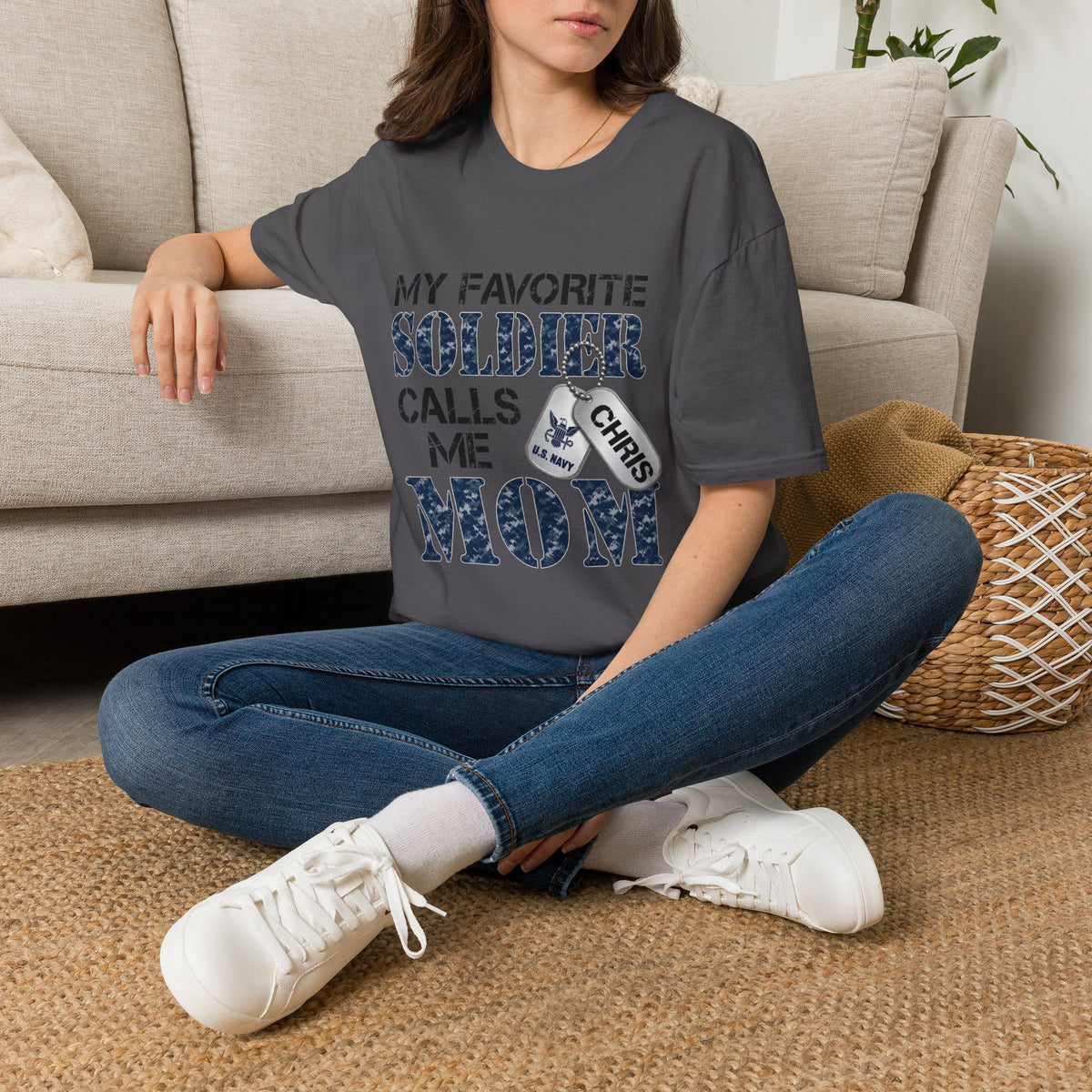 Soldier Calls Me Mom "Navy" T‑Shirt — My Favorite Soldier Dog Tag Military Mom Tee