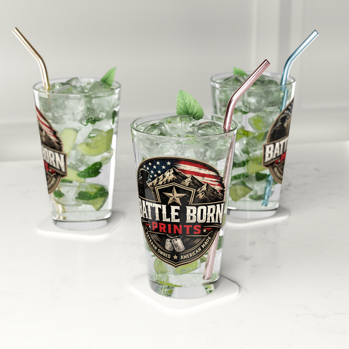 Patriotic Battle Born Prints Pint Glass — 16oz American Flag Beer Glass