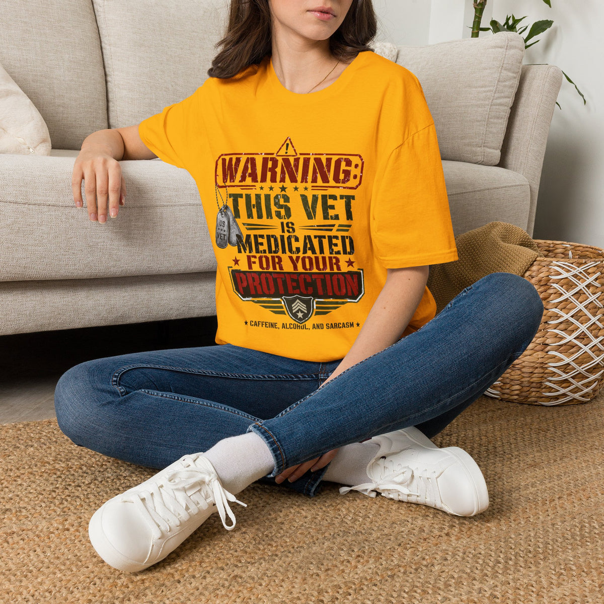 Veteran T-Shirt — "Warning: This Vet Is Medicated for Your Protection" Patriotic Tee