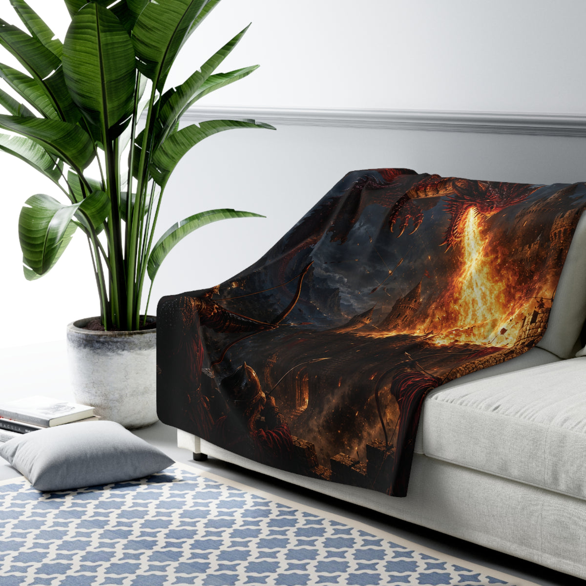 Dragon Fire Sherpa Blanket — Fantasy Castle Battle Fleece Throw