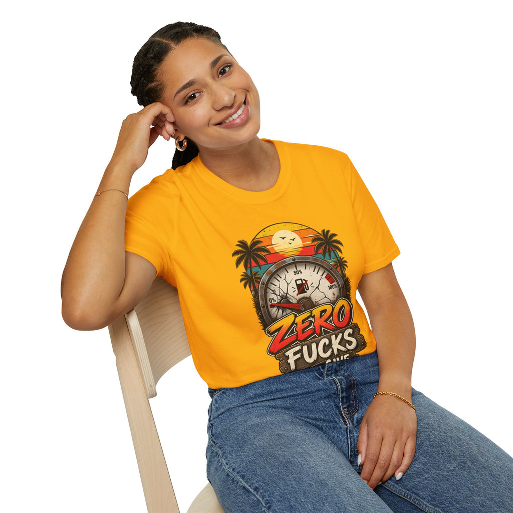 Zero Fucks to Give T-Shirt — Retro Sunset Palm Fuel Gauge Graphic Tee