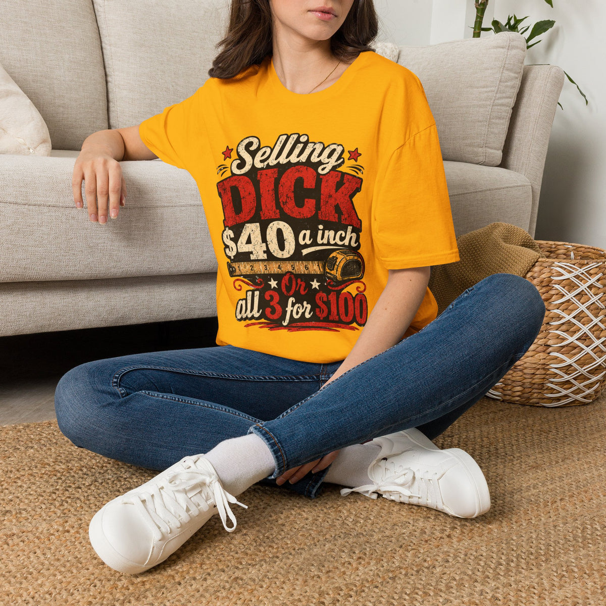 Funny Novelty T-Shirt — "Selling DICK 40 a Inch" Vintage Barnyard Humor Tee