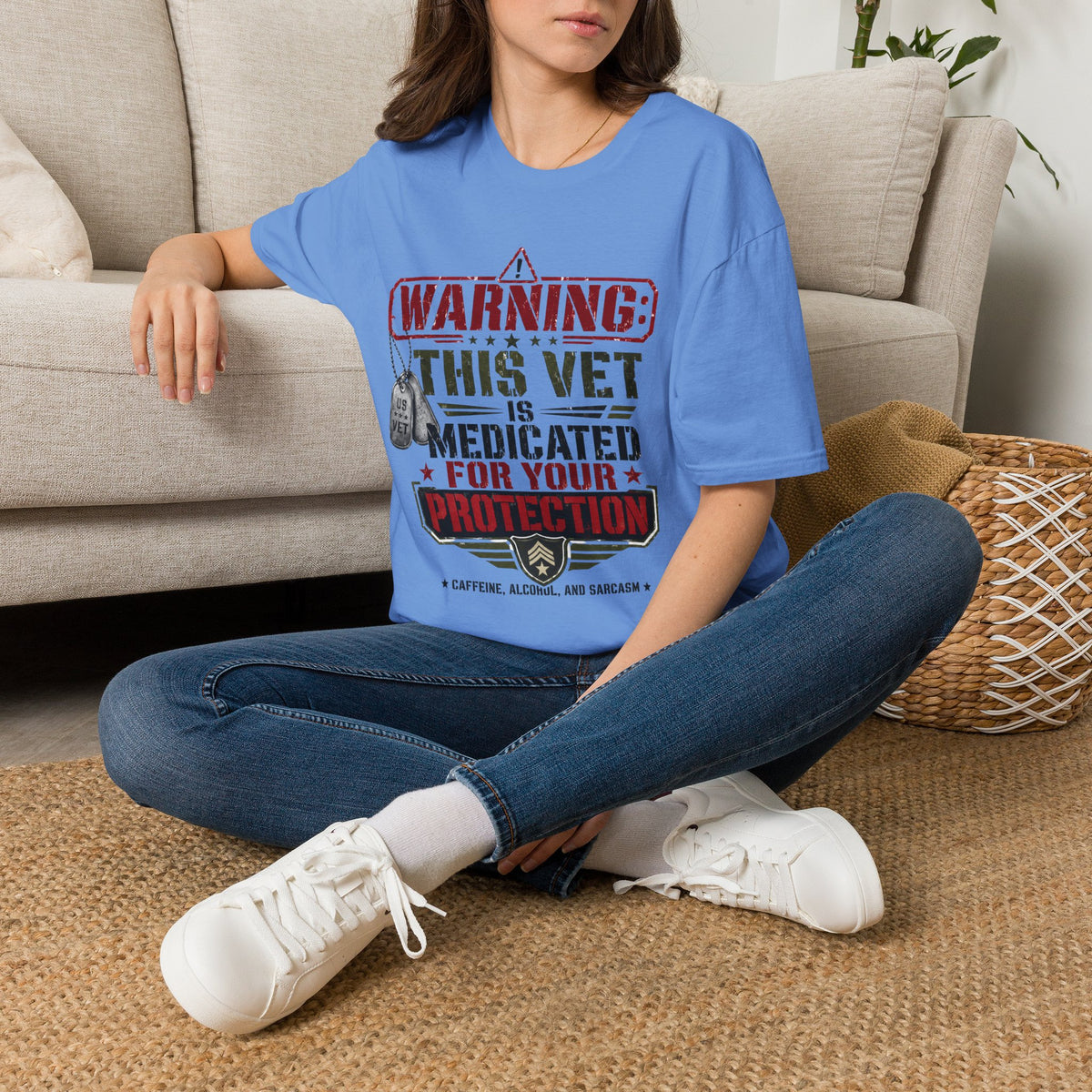 Veteran T-Shirt — "Warning: This Vet Is Medicated for Your Protection" Patriotic Tee