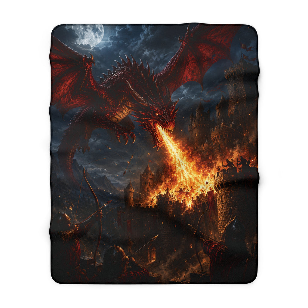 Dragon Fire Sherpa Blanket — Fantasy Castle Battle Fleece Throw