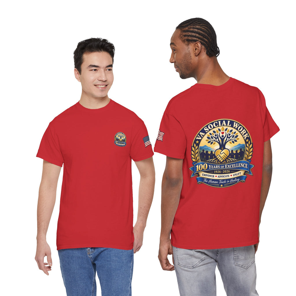 VA Social Work 100th Anniversary T-Shirt — Empower Advocate Uplift (American Flag Sleeve)