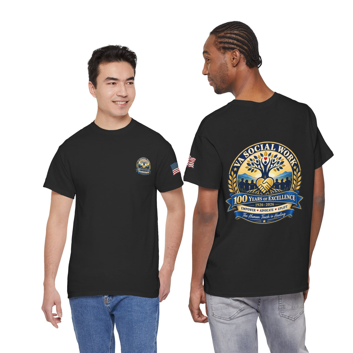 VA Social Work 100th Anniversary T-Shirt — Empower Advocate Uplift (American Flag Sleeve)