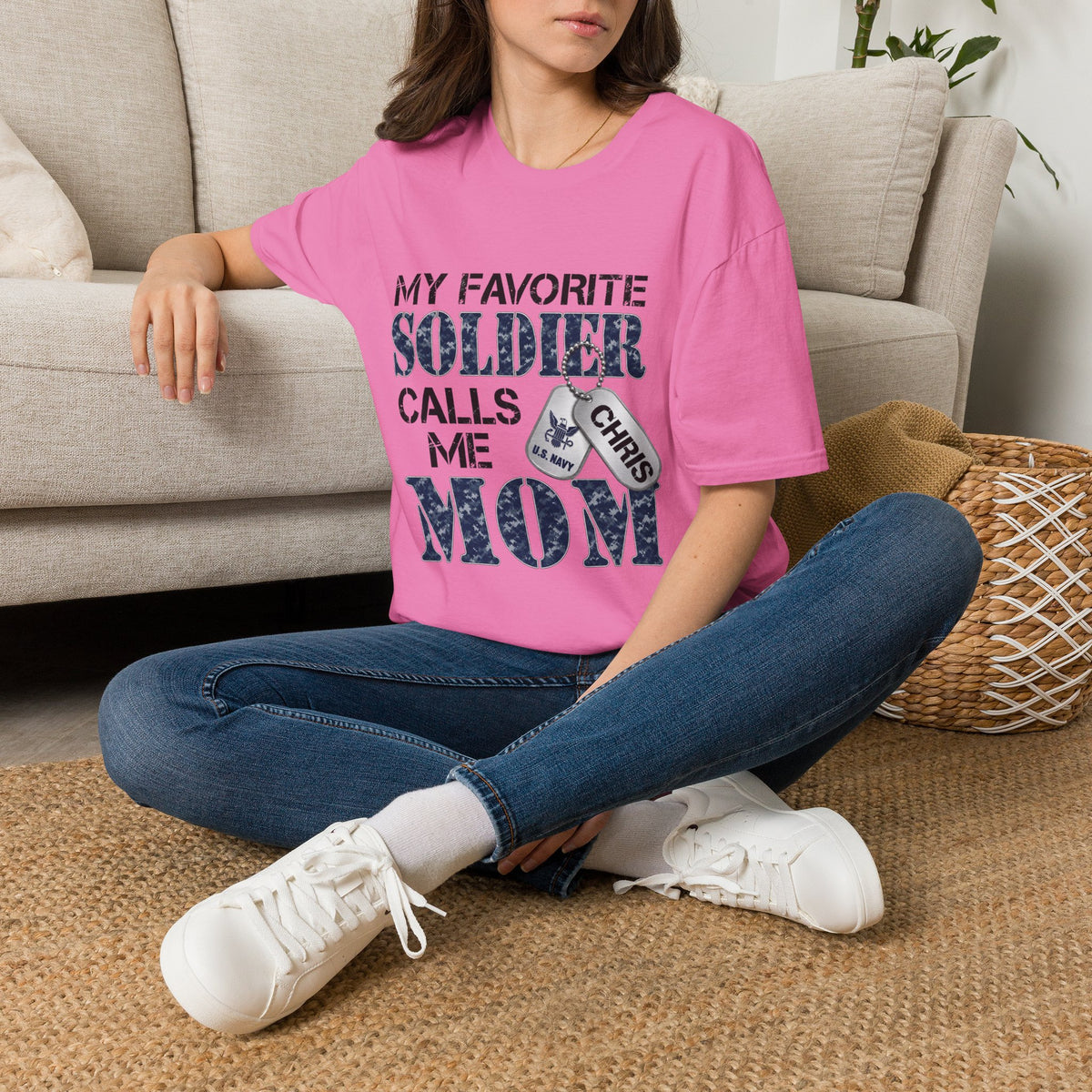 Soldier Calls Me Mom "Navy" T‑Shirt — My Favorite Soldier Dog Tag Military Mom Tee