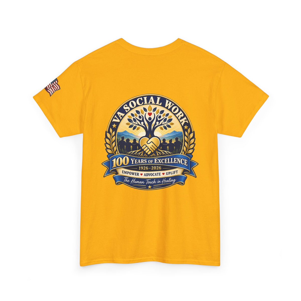 VA Social Work 100th Anniversary T-Shirt — Empower Advocate Uplift (American Flag Sleeve)