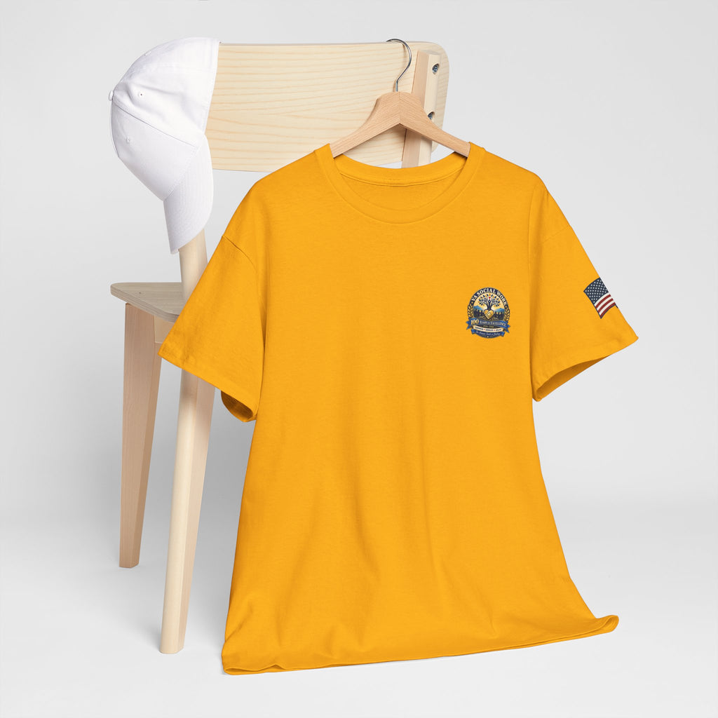 VA Social Work 100th Anniversary T-Shirt — Empower Advocate Uplift (American Flag Sleeve)