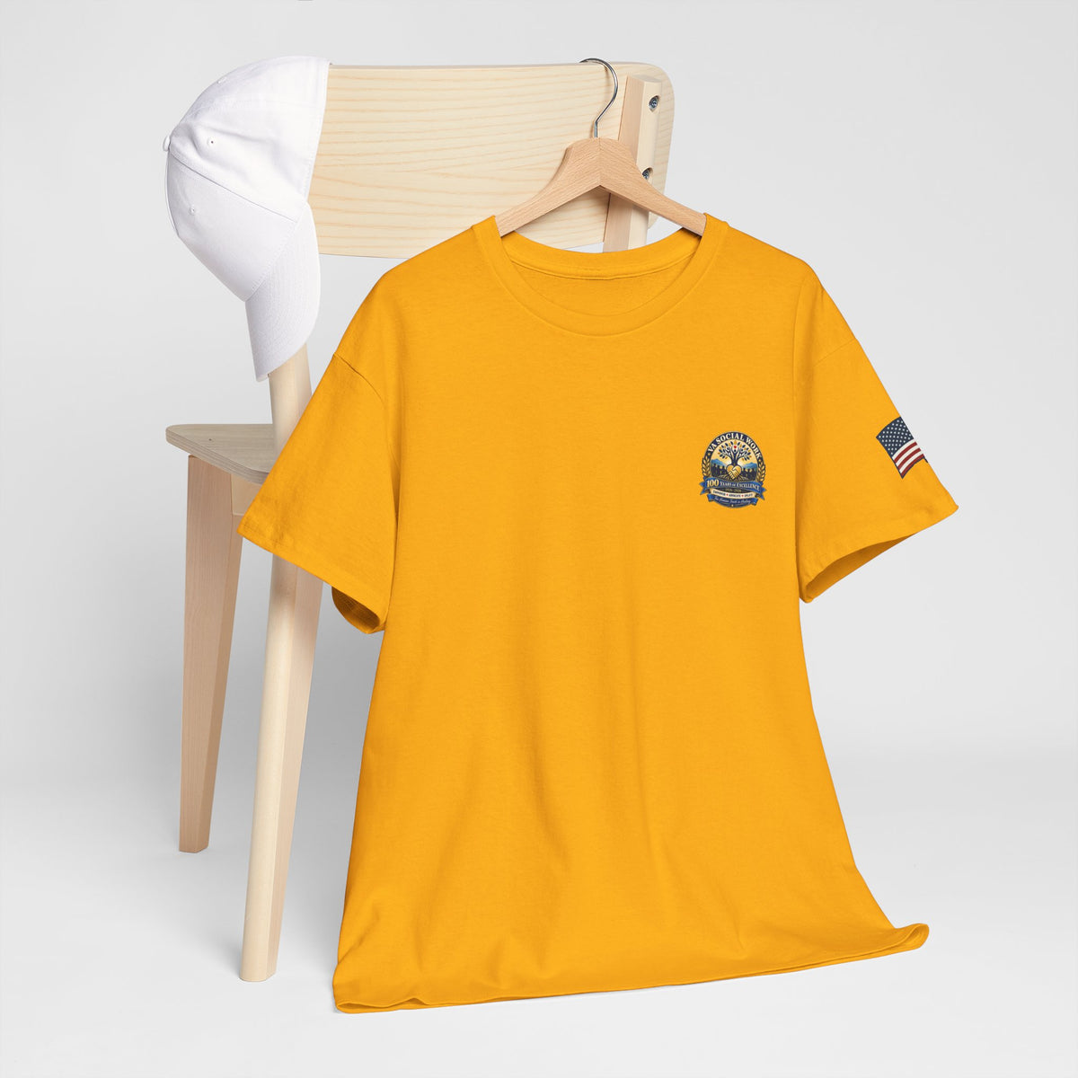 VA Social Work 100th Anniversary T-Shirt — Empower Advocate Uplift (American Flag Sleeve)