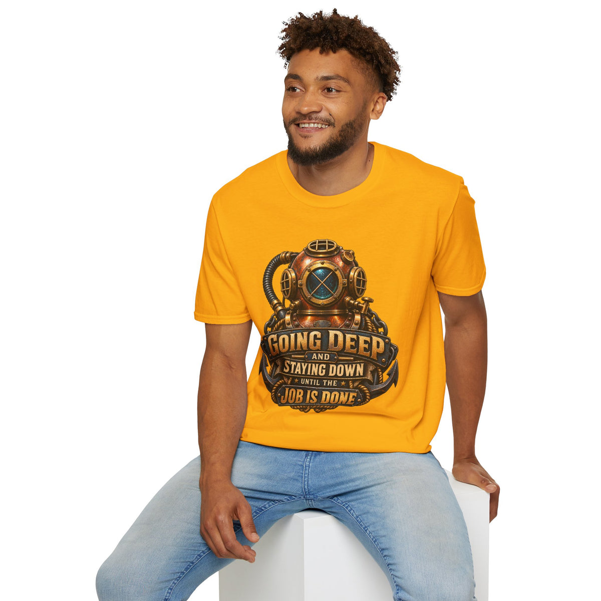 Diver Helmet T‑Shirt — "Going Deep and Staying Down" Vintage Scuba Tee