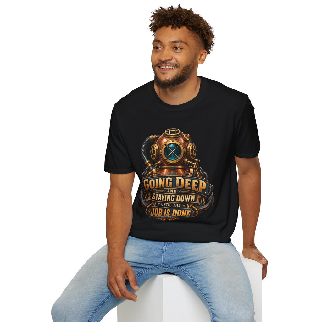Diver Helmet T‑Shirt — "Going Deep and Staying Down" Vintage Scuba Tee