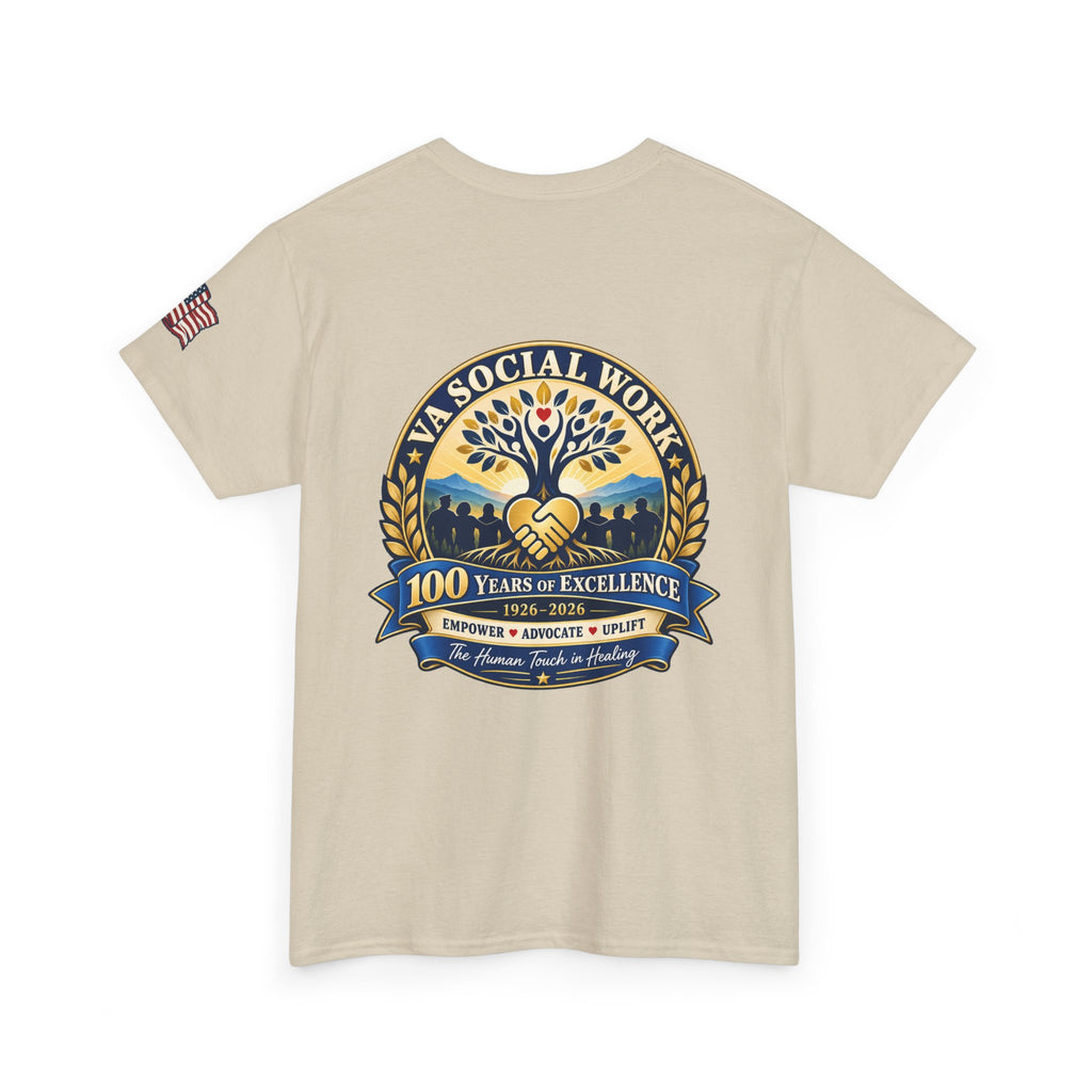 VA Social Work 100th Anniversary T-Shirt — Empower Advocate Uplift (American Flag Sleeve)
