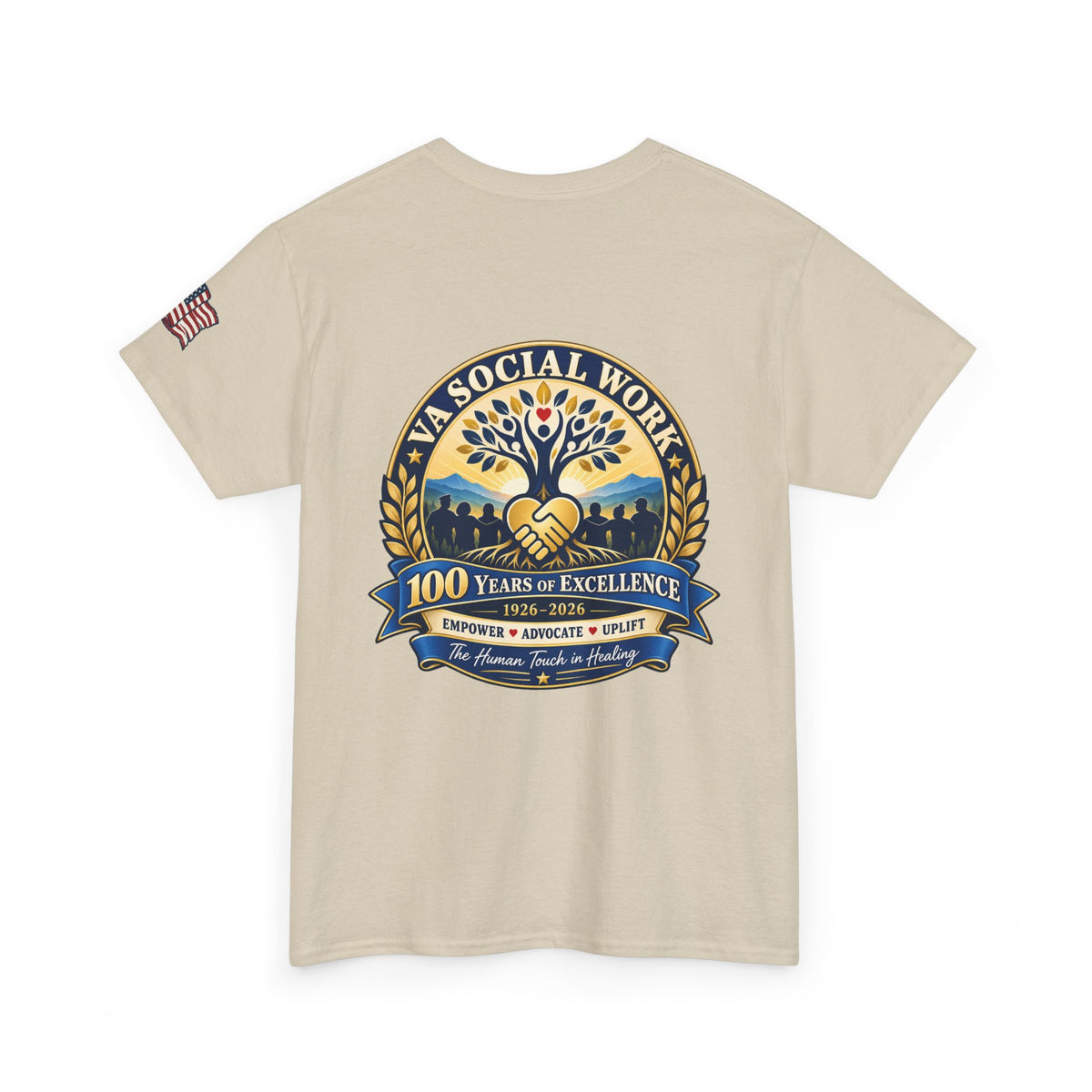 VA Social Work 100th Anniversary T-Shirt — Empower Advocate Uplift (American Flag Sleeve)