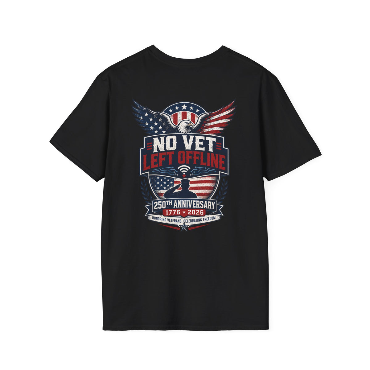 T-Shirt — "No Vet, Left Offline" American Flag Shield Veteran Tee