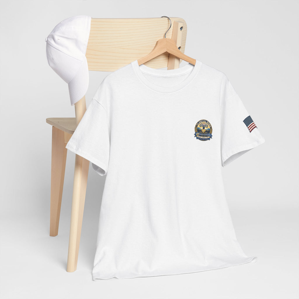 VA Social Work 100th Anniversary T-Shirt — Empower Advocate Uplift (American Flag Sleeve)