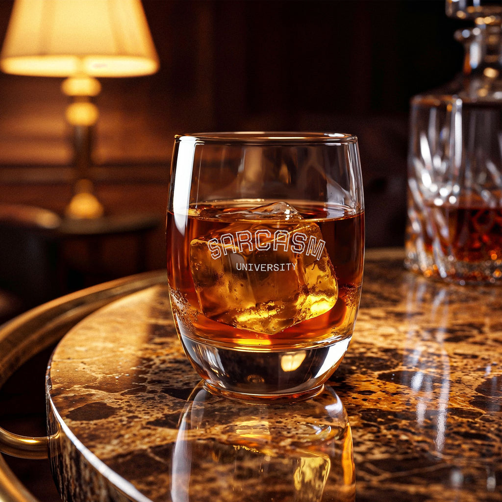 Engraved Whiskey Glass 6oz – "Sarcasm University" Stemless Rocks Glass, Funny Gift for Whiskey Lovers