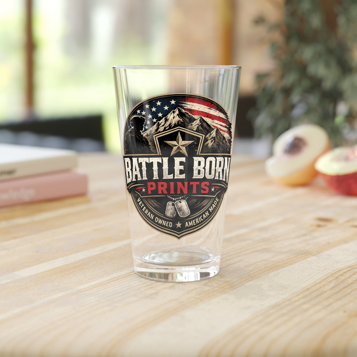 Patriotic Battle Born Prints Pint Glass — 16oz American Flag Beer Glass