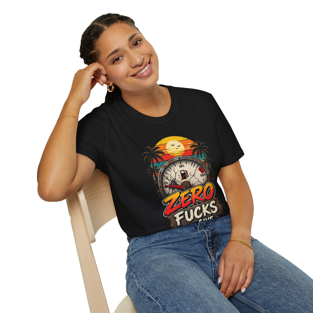 Zero Fucks to Give T-Shirt — Retro Sunset Palm Fuel Gauge Graphic Tee
