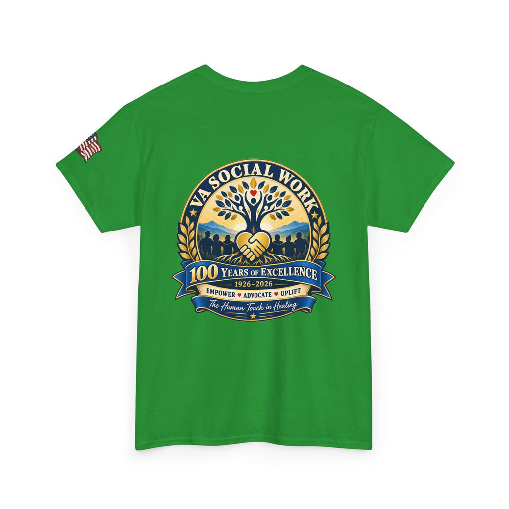 VA Social Work 100th Anniversary T-Shirt — Empower Advocate Uplift (American Flag Sleeve)