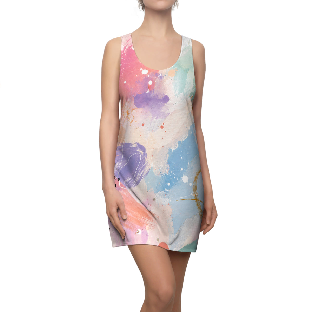 Pastel Watercolor Racerback Dress – Abstract Floral AOP