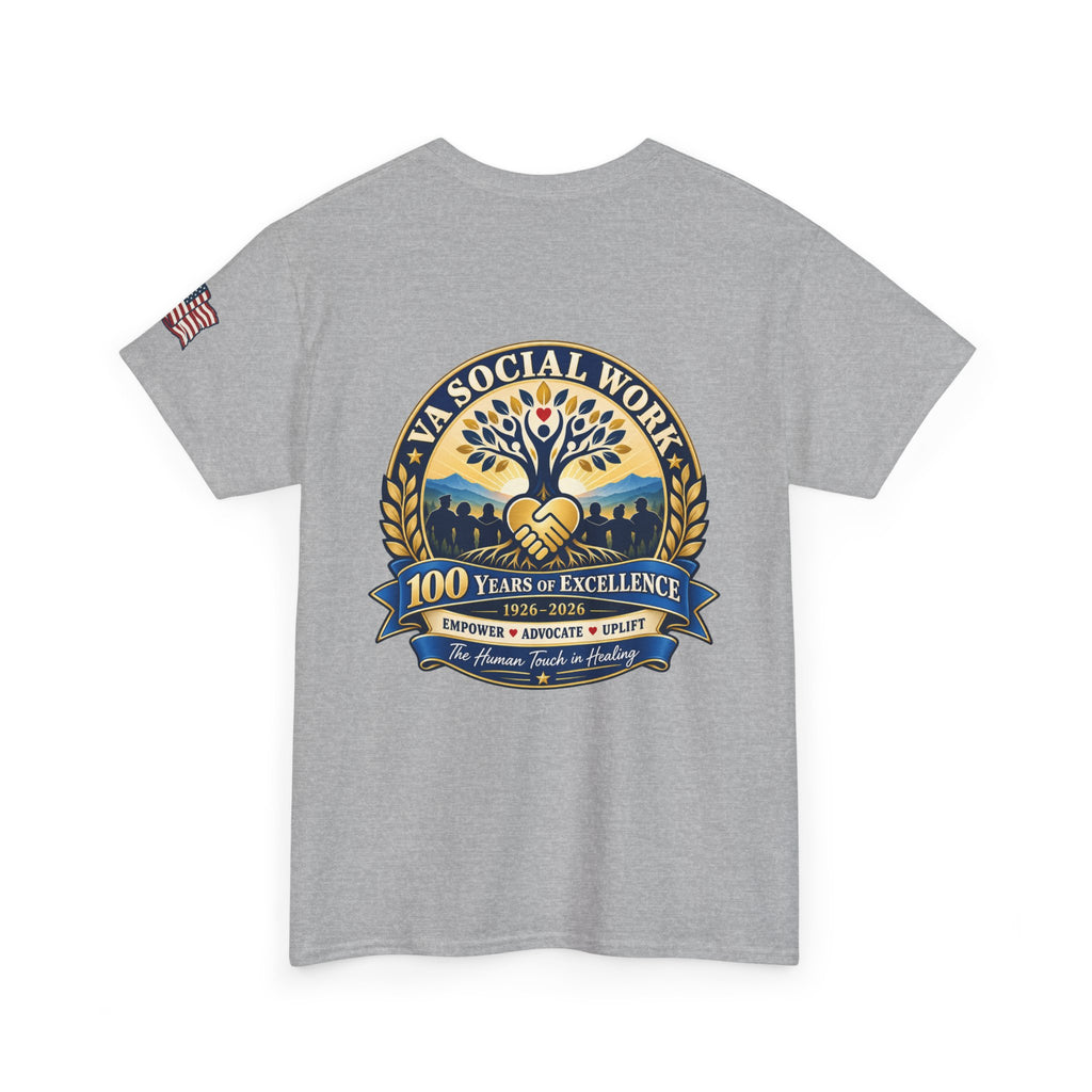 VA Social Work 100th Anniversary T-Shirt — Empower Advocate Uplift (American Flag Sleeve)