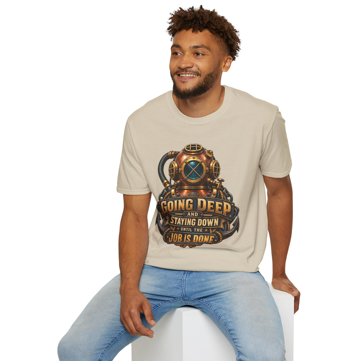 Diver Helmet T‑Shirt — "Going Deep and Staying Down" Vintage Scuba Tee