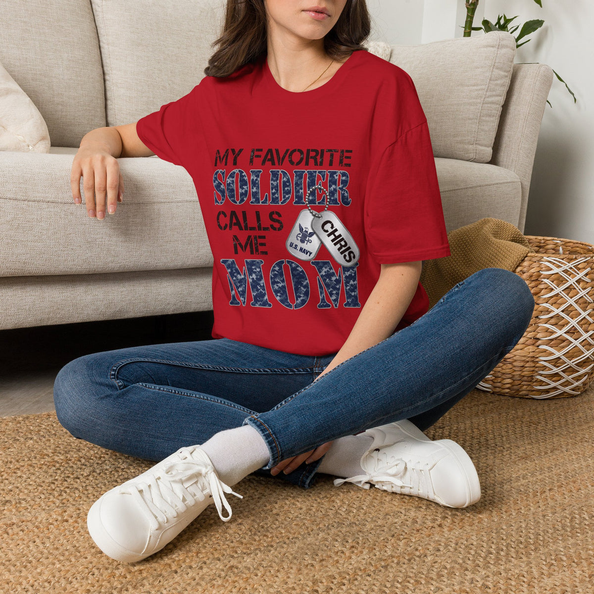 Soldier Calls Me Mom "Navy" T‑Shirt — My Favorite Soldier Dog Tag Military Mom Tee