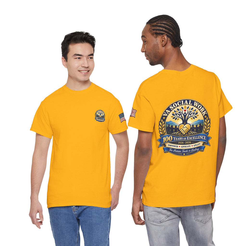 VA Social Work 100th Anniversary T-Shirt — Empower Advocate Uplift (American Flag Sleeve)