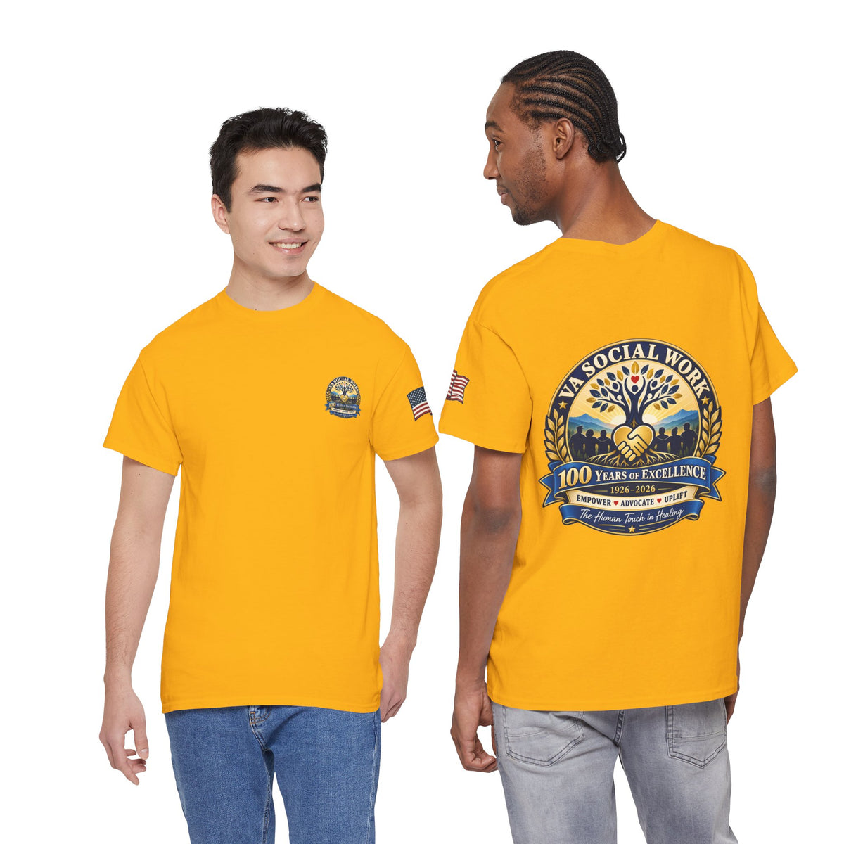 VA Social Work 100th Anniversary T-Shirt — Empower Advocate Uplift (American Flag Sleeve)