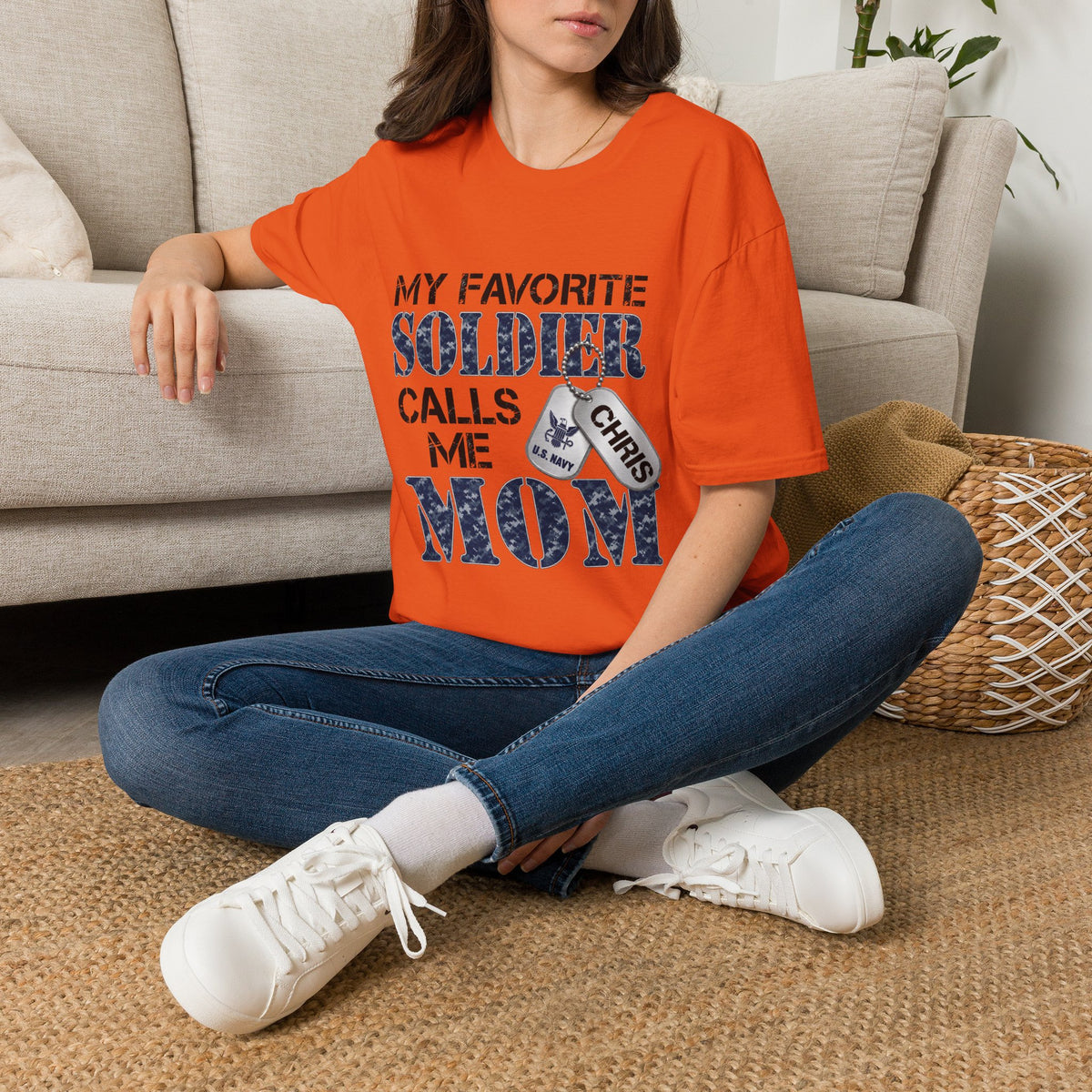 Soldier Calls Me Mom "Navy" T‑Shirt — My Favorite Soldier Dog Tag Military Mom Tee