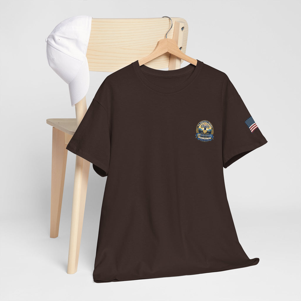 VA Social Work 100th Anniversary T-Shirt — Empower Advocate Uplift (American Flag Sleeve)
