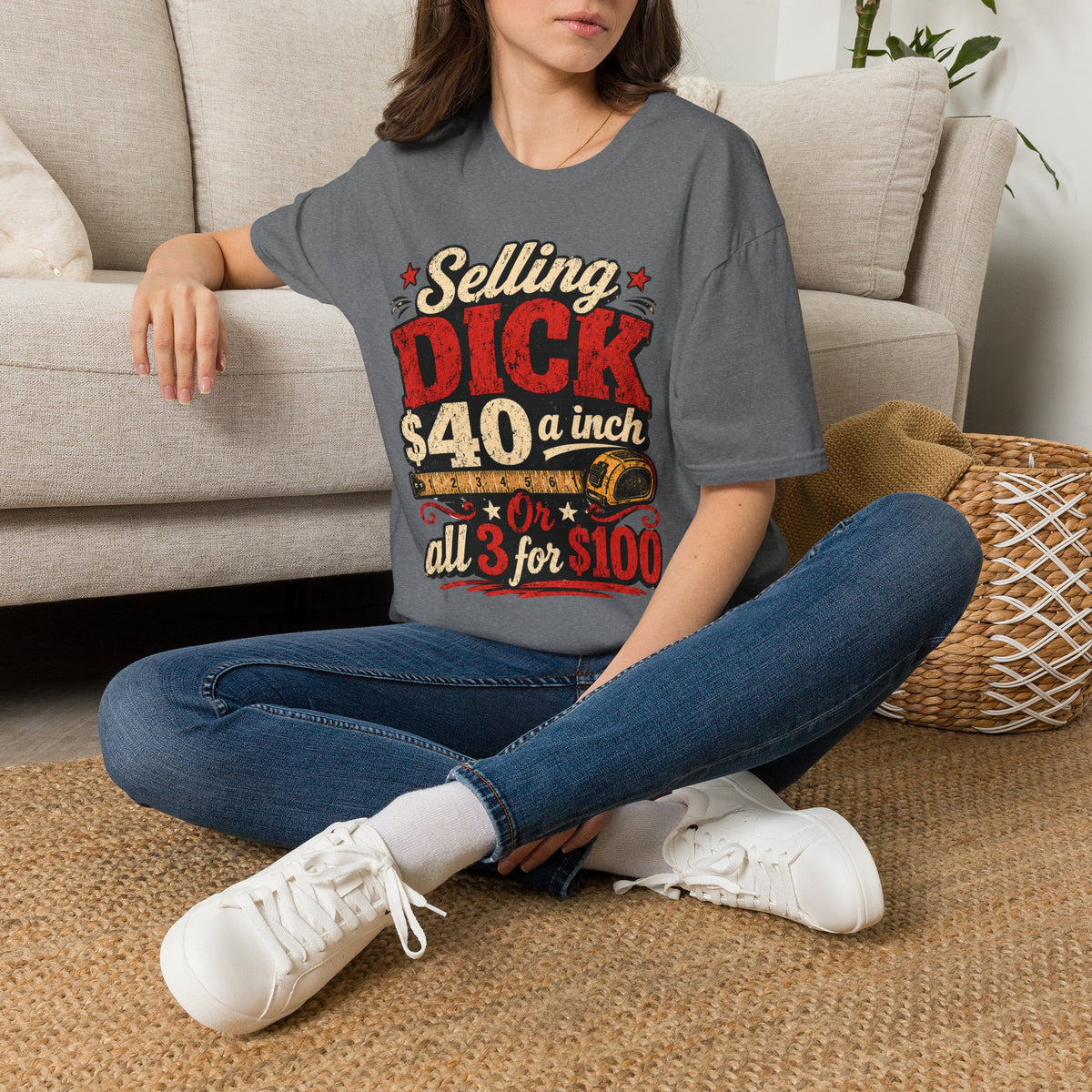 Funny Novelty T-Shirt — "Selling DICK 40 a Inch" Vintage Barnyard Humor Tee