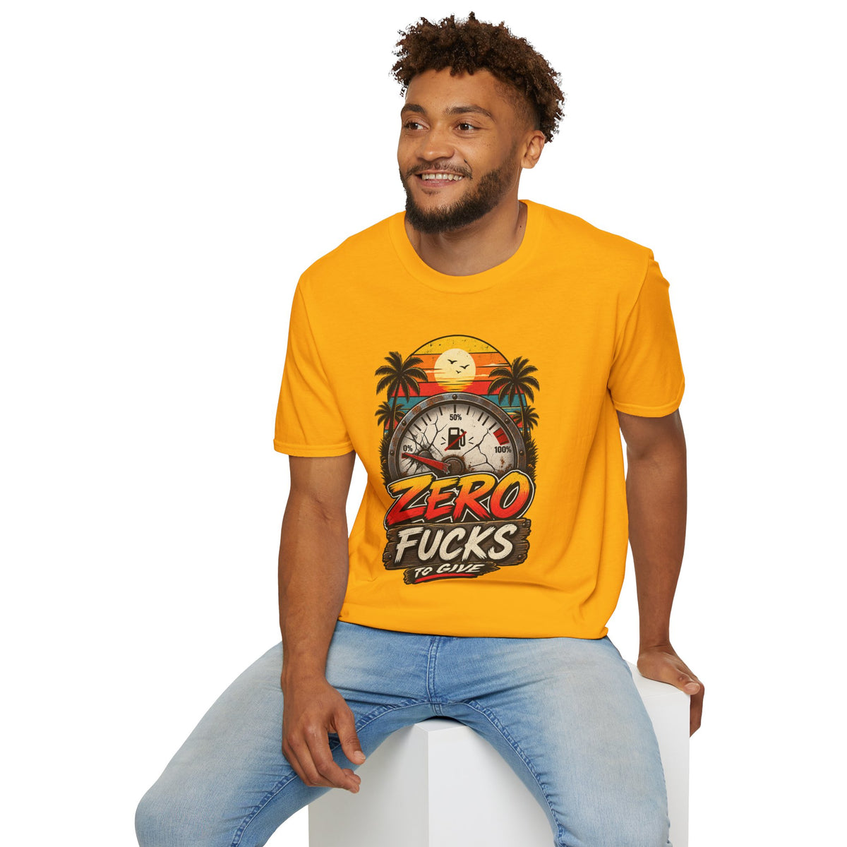 Zero Fucks to Give T-Shirt — Retro Sunset Palm Fuel Gauge Graphic Tee