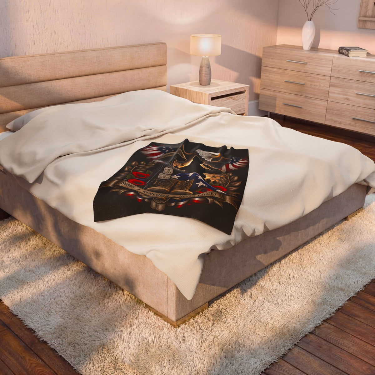 Patriotic Military Memorial Velveteen Plush Blanket — "Honor • Remember • Never Forget"