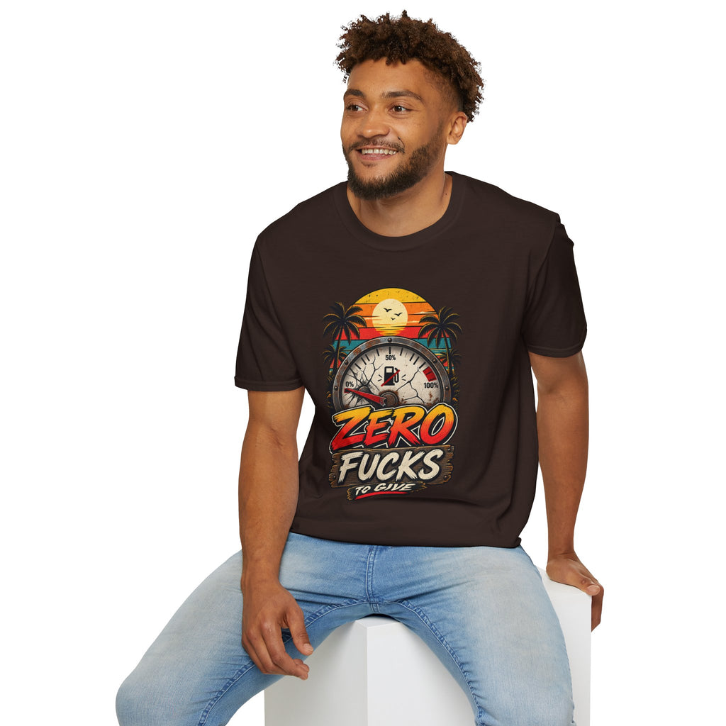 Zero Fucks to Give T-Shirt — Retro Sunset Palm Fuel Gauge Graphic Tee