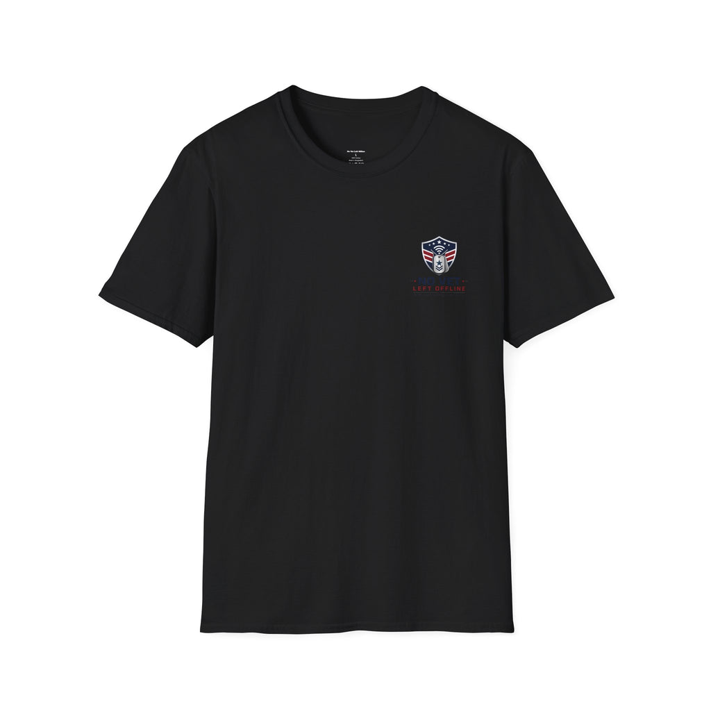 T-Shirt — "No Vet, Left Offline" American Flag Shield Veteran Tee