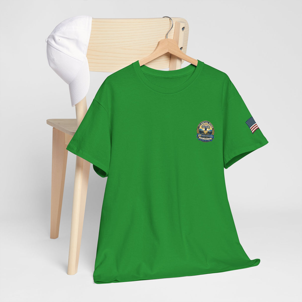 VA Social Work 100th Anniversary T-Shirt — Empower Advocate Uplift (American Flag Sleeve)