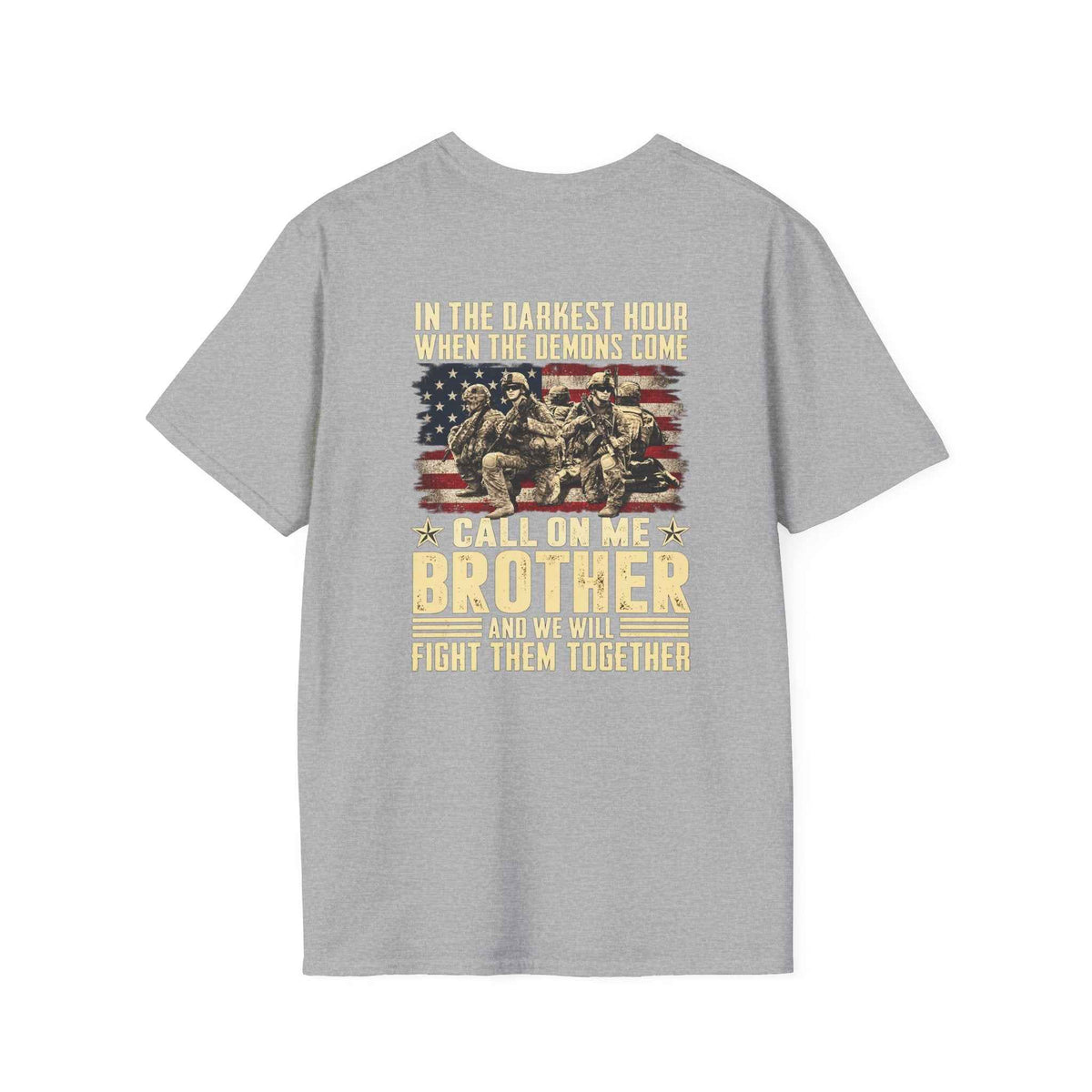 Brotherhood T-Shirt – Unite with Our 'Call On Me Brother' Military Flag Graphic