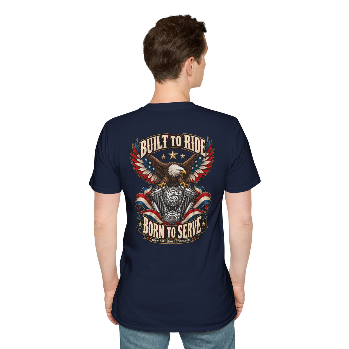 Men's Patriotic Biker T-Shirt – "Built to Ride, Born to Serve" Eagle Flag Graphic Tee - Battle Born Prints