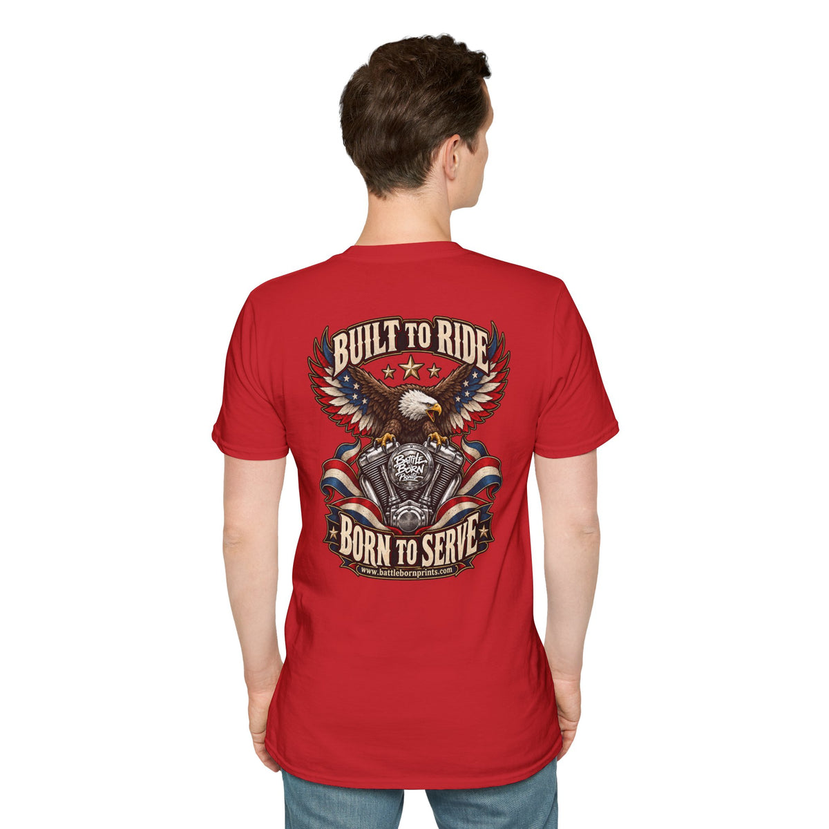 Men's Patriotic Biker T-Shirt – "Built to Ride, Born to Serve" Eagle Flag Graphic Tee - Battle Born Prints