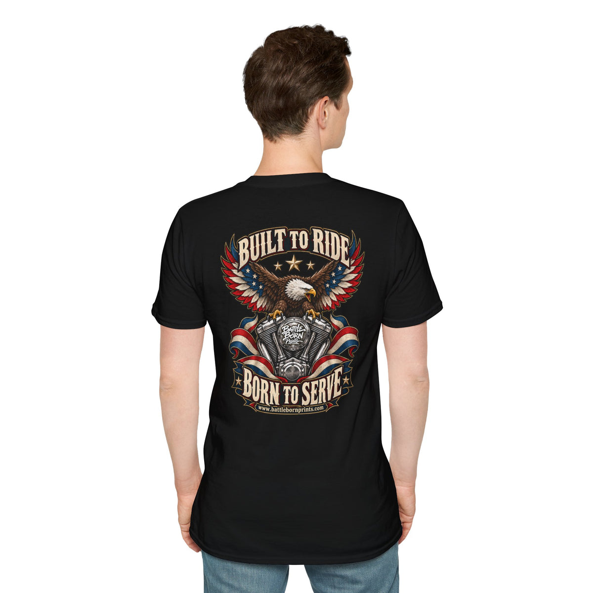 Men's Patriotic Biker T-Shirt – "Built to Ride, Born to Serve" Eagle Flag Graphic Tee - Battle Born Prints