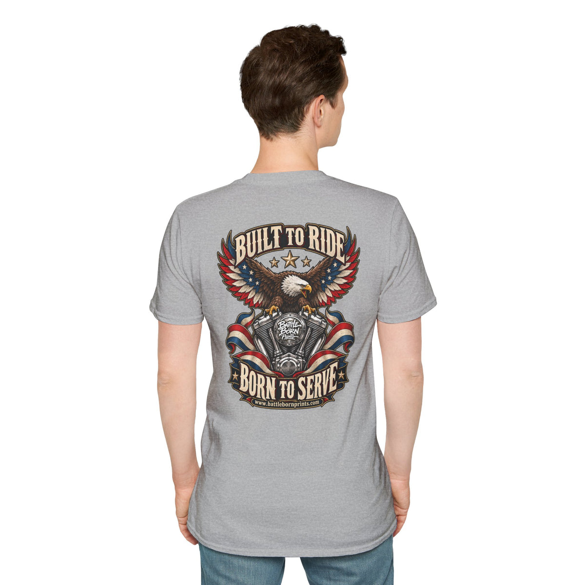 Men's Patriotic Biker T-Shirt – "Built to Ride, Born to Serve" Eagle Flag Graphic Tee - Battle Born Prints