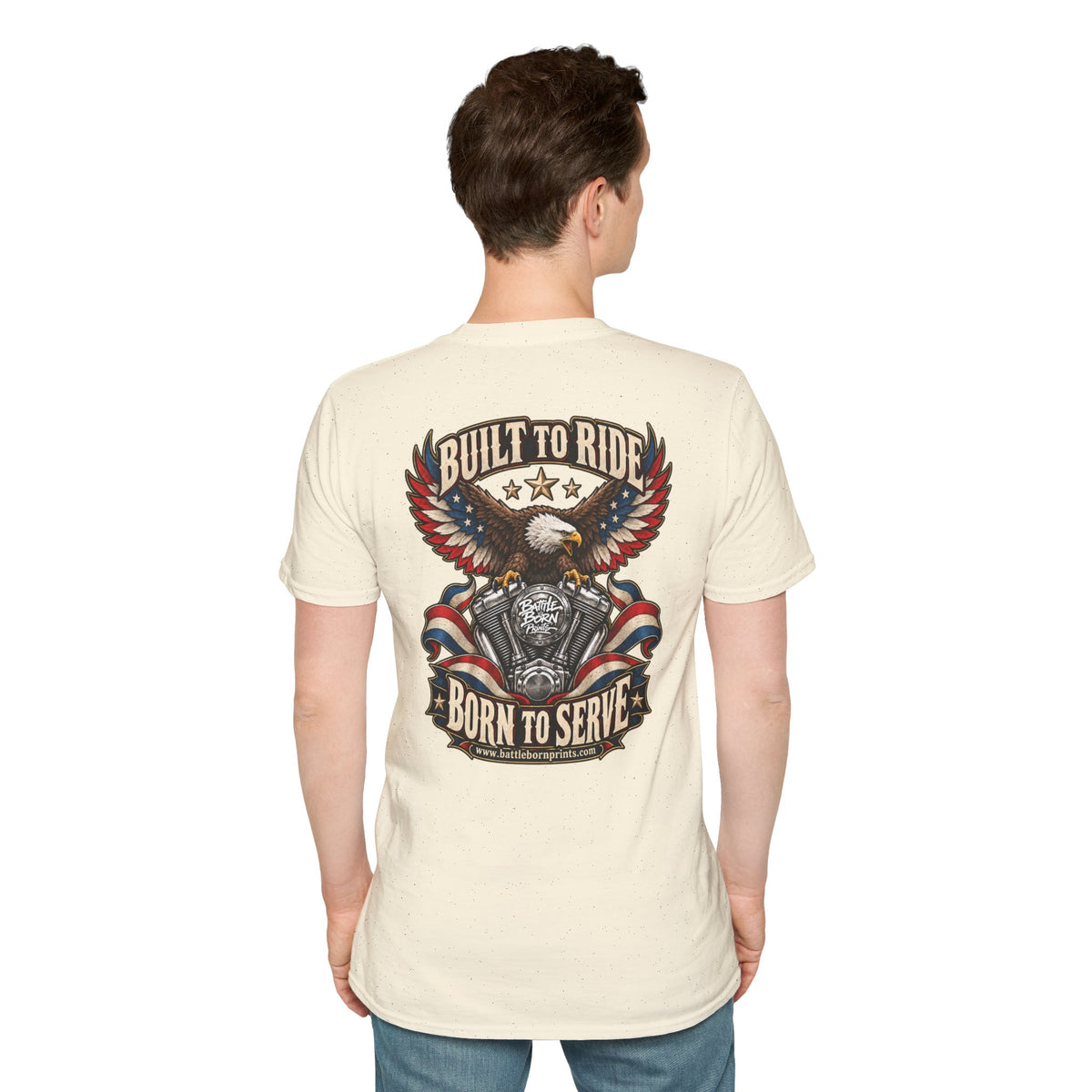 Men's Patriotic Biker T-Shirt – "Built to Ride, Born to Serve" Eagle Flag Graphic Tee - Battle Born Prints