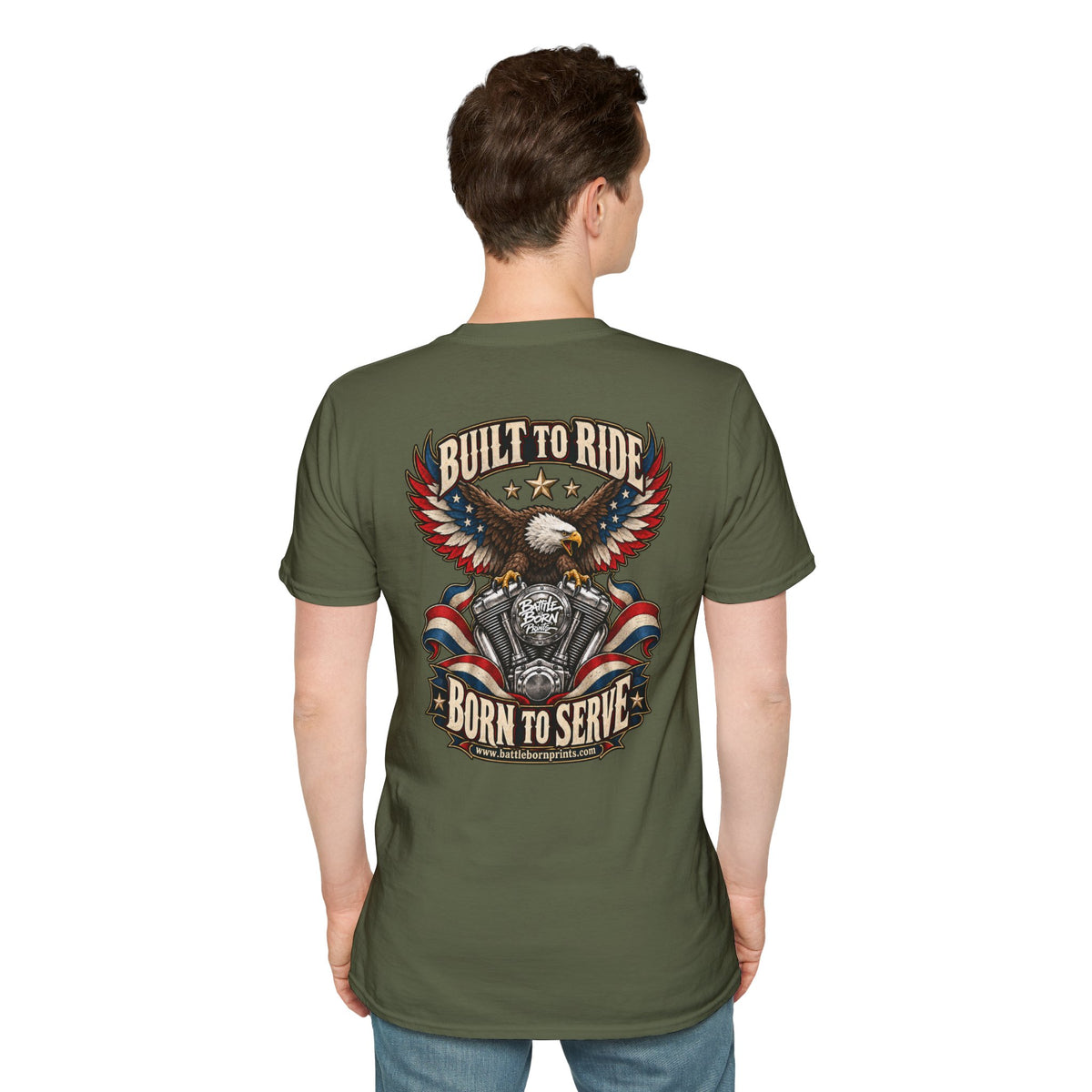 Men's Patriotic Biker T-Shirt – "Built to Ride, Born to Serve" Eagle Flag Graphic Tee - Battle Born Prints