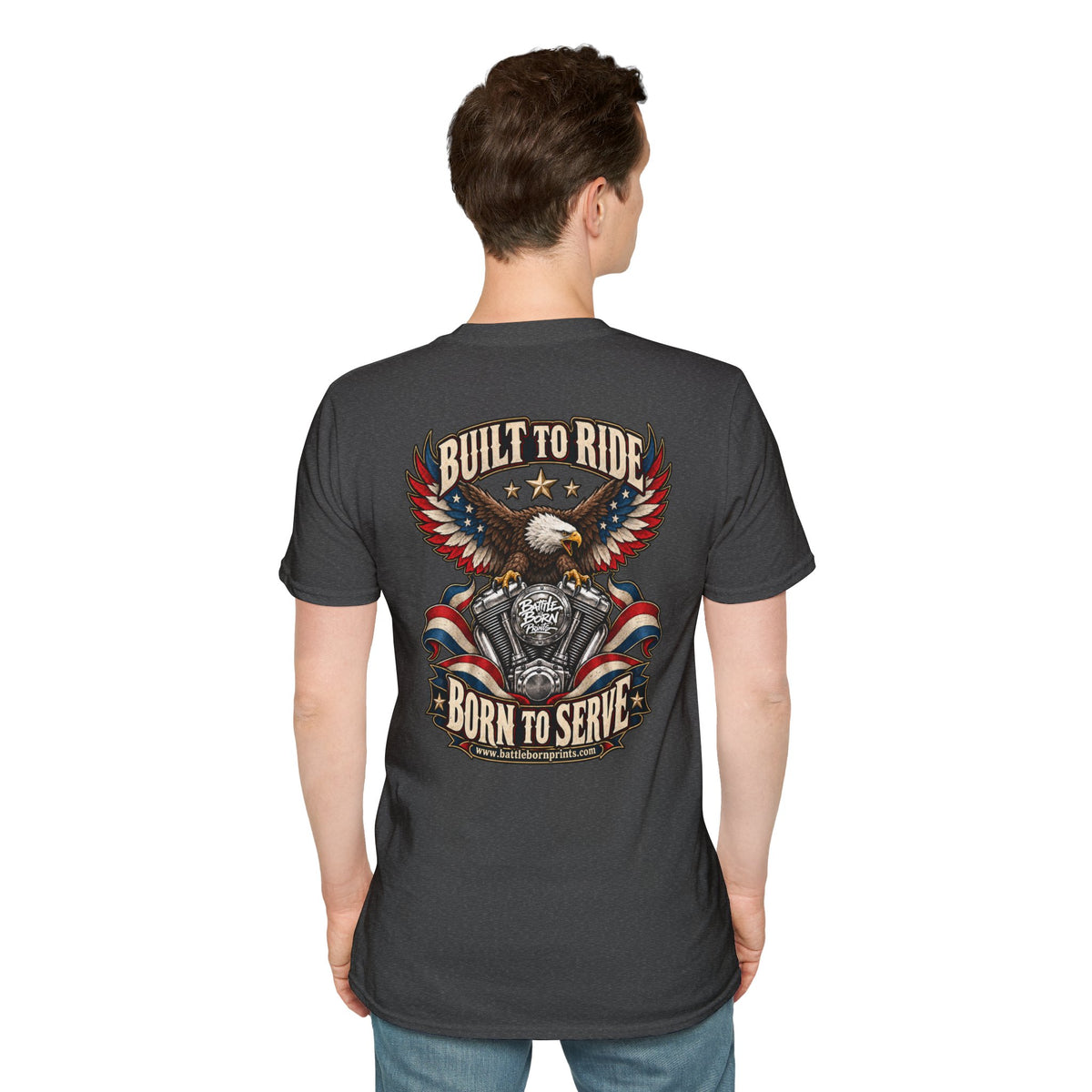 Men's Patriotic Biker T-Shirt – "Built to Ride, Born to Serve" Eagle Flag Graphic Tee - Battle Born Prints
