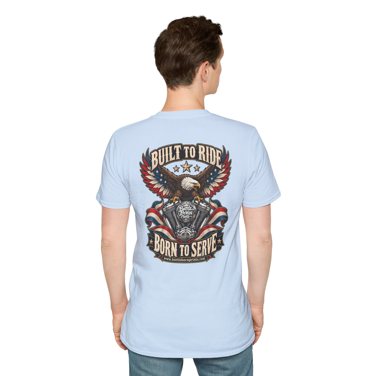 Men's Patriotic Biker T-Shirt – "Built to Ride, Born to Serve" Eagle Flag Graphic Tee - Battle Born Prints