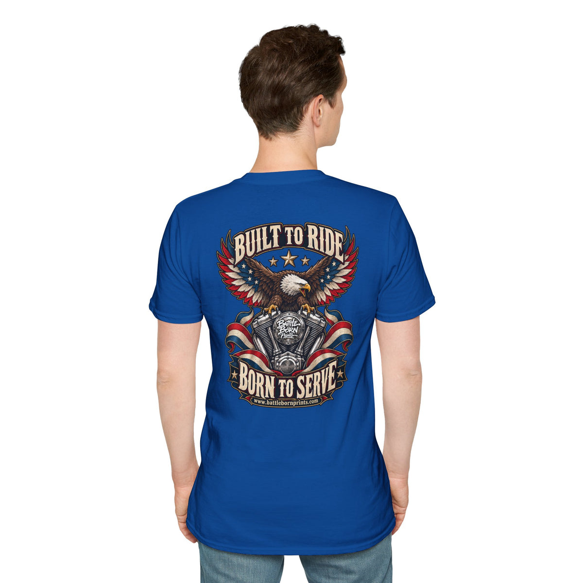 Men's Patriotic Biker T-Shirt – "Built to Ride, Born to Serve" Eagle Flag Graphic Tee - Battle Born Prints