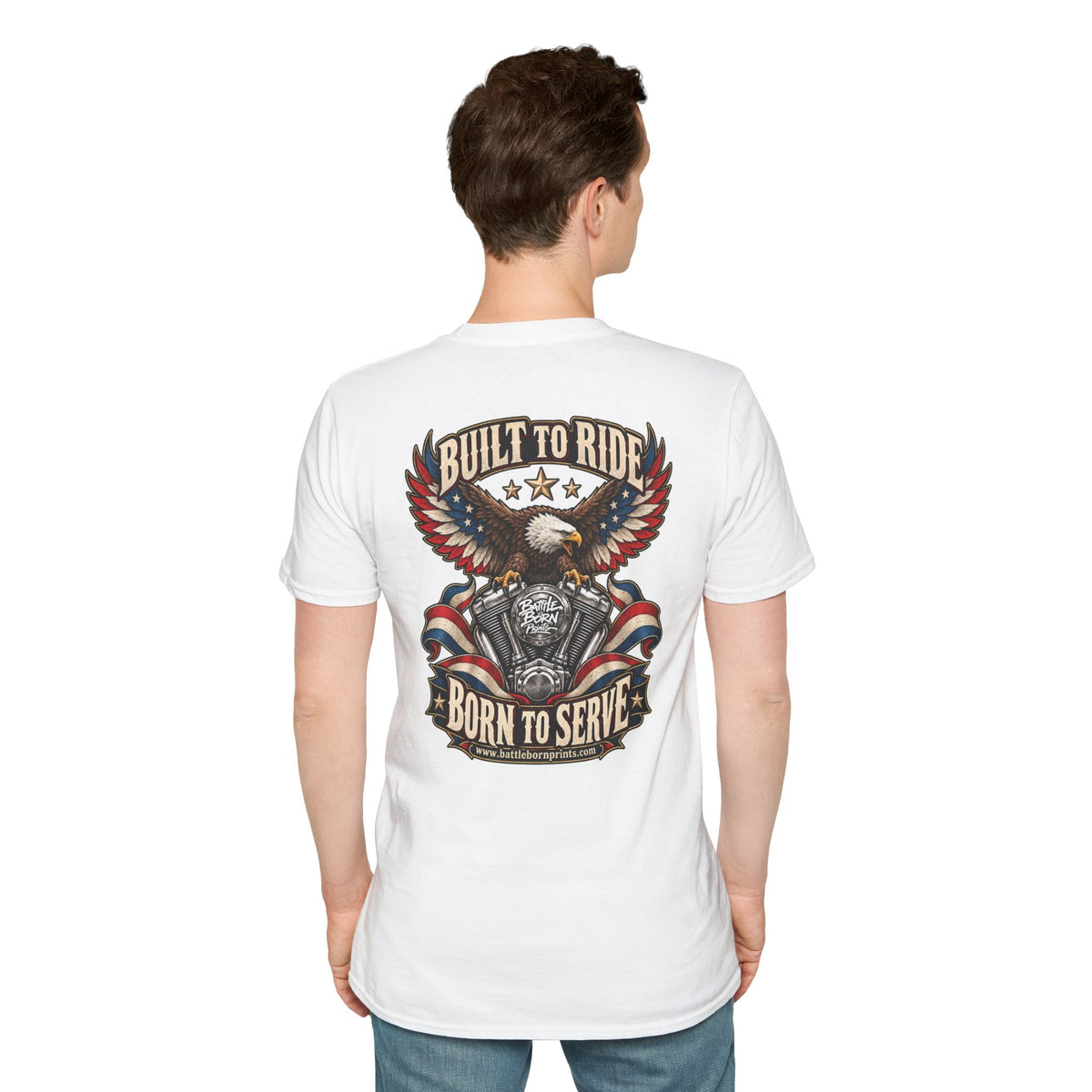 Men's Patriotic Biker T-Shirt – "Built to Ride, Born to Serve" Eagle Flag Graphic Tee - Battle Born Prints